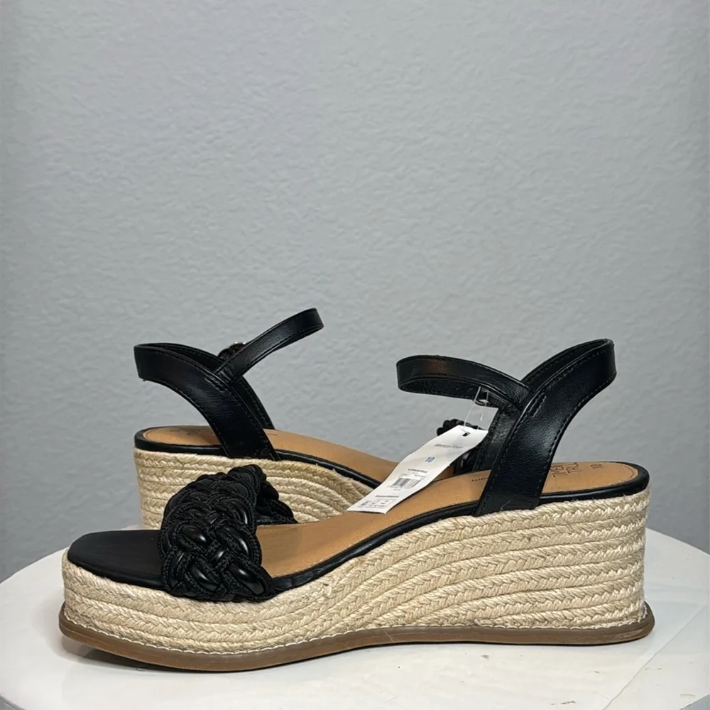 TIME AND TRU WOMENS BLACK BRAIDED ANKLE STRAP ESPADRILLE PLATFORM WEDGES **NWT**